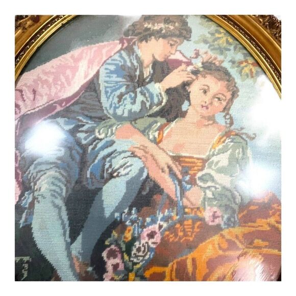 Large Courting Couple Gold Gilt Frame Needlepoint Oval Wall Hanging 24X28 VTG - Picture 3 of 8